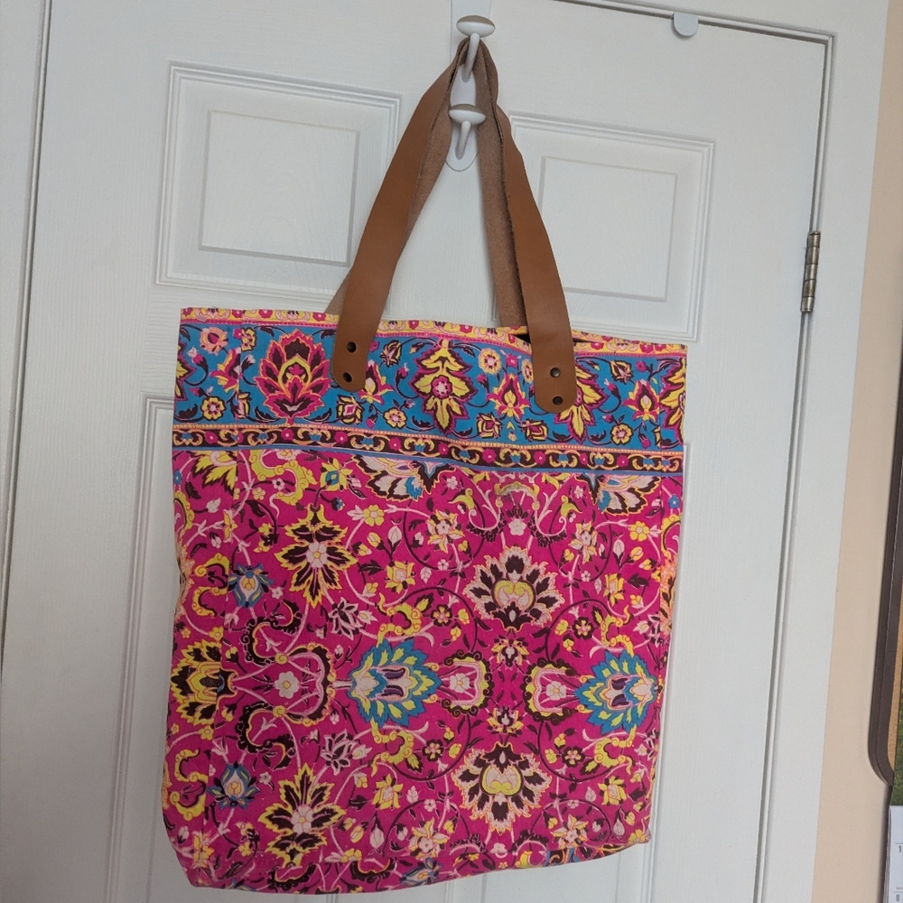Vibrant Extra Large Pink and Blue Floral Tote Bag With Leather Straps